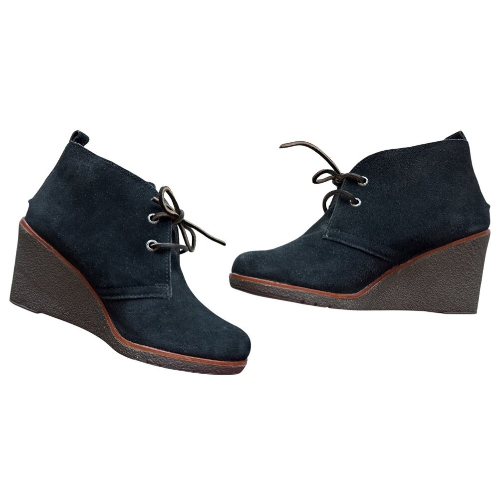 Sperry Black Suede Lace-Up Booties Wedges Harlow Leather Laces Size 8